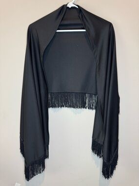 Vintage Black Fringe Shawl Wrap Satin Rayon Evening Formal Capelet Mid Century